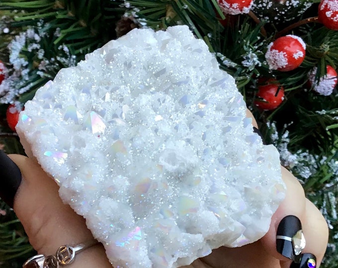 White Angel Aura Quartz Crystal Cluster ~ Large 7.8 oz. ~ 2 1/2" Long ~ Electric Rainbow Iridescent Sparkling Points ~ Fast Shipping, USA ~