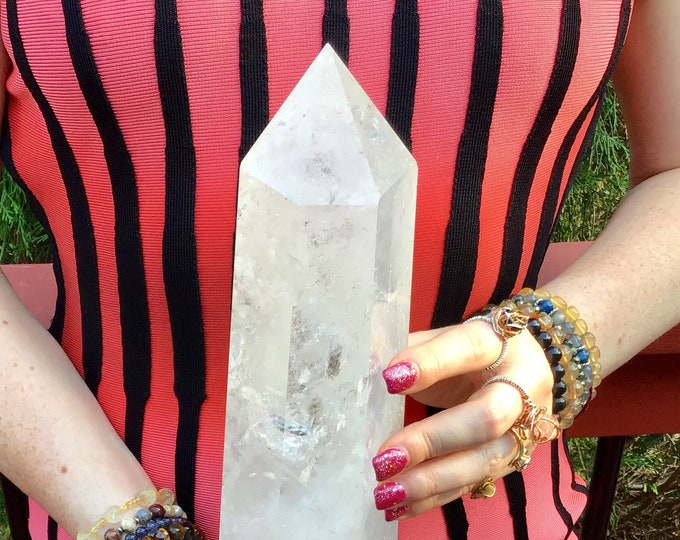 Clear Quartz Crystal Generator ~ Large 7 lb. 9 oz. ~ 14" Tall Tower~ Red Phantom Sparkling Inclusions ~ Free Standing ~ Fast & Free Shipping
