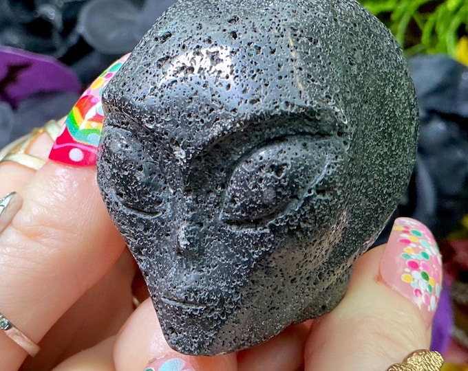Lava Stone Alien Crystal Mini Skull ~ 5 oz. ~ 2" Long ~ Colorful Natural Black Volcanic Lava Gemstone Hand-Carved Sculpture ~ Fast Shipping