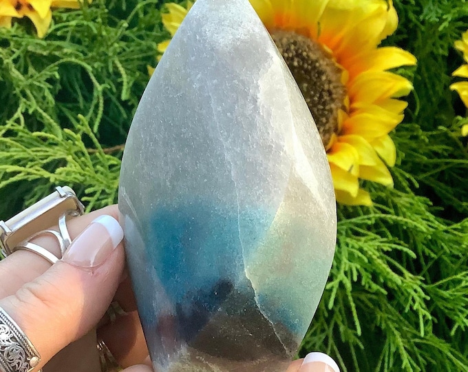 Trolleite Crystal Flame ~ 10 oz. ~ 4" Tall ~ Scorzalite, Lazulite, Quartz ~ Swirling Blue & Sand Colors ~ Fast Free Shipping