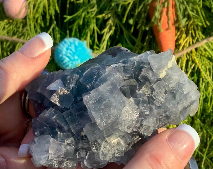 Blue Cubic Fluorite Crystal Cluster ~ 7 oz. ~ 3 1/2" Long ~ Rare Blue Color on Sparkling Gray Matrix ~ Stunning Display ~ Free Shipping