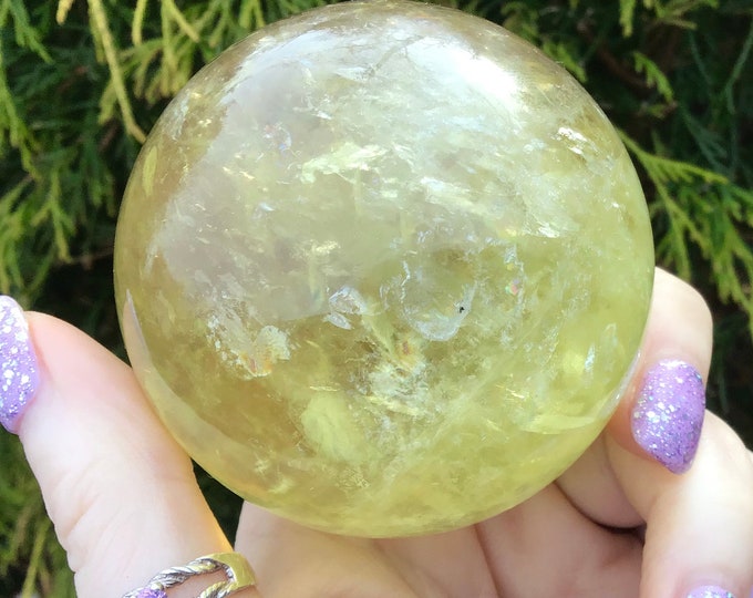 Citrine Crystal Ball ~ Large 12 oz. ~ 2" Wide ~ Sparkling Rainbow Inclusions ~ Natural Golden Yellow Color ~ Fast & Free Shipping, U.S.A.