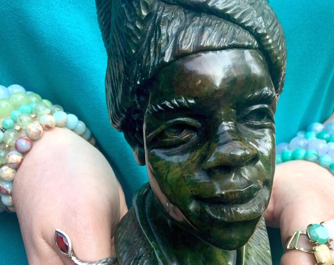 Verdite African Shona Tribe "Zulu Princess" Crystal ~ 2 Lb 13 oz ~ 7" Tall ~ Hand Carved Bust from Zimbabwe ~ Museum Quality Display, Rare ~
