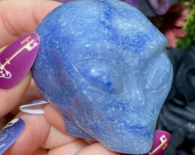 Dumortierite Quartz Alien Skull Crystal~ 5 oz. ~ 1 1/2" Long ~ One-of-a-Kind Color ~ Hand Carved Sculpture High-Quality Display