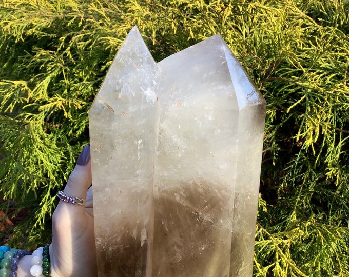 Clear Quartz Crystal Twin Flame Generator ~ Large 12 Lb. ~ 9" Tall Double Point Tower ~ Smokey Phantom Inclusions ~ Free Shipping