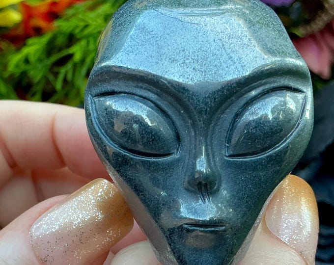 Hematite Alien Skull Crystal 10 oz. Mini Skull ~ 2" Long ~ Black Metallic Luster Gemstone ~ Hand-Carved Sculpture ~ Fast & Free Shipping