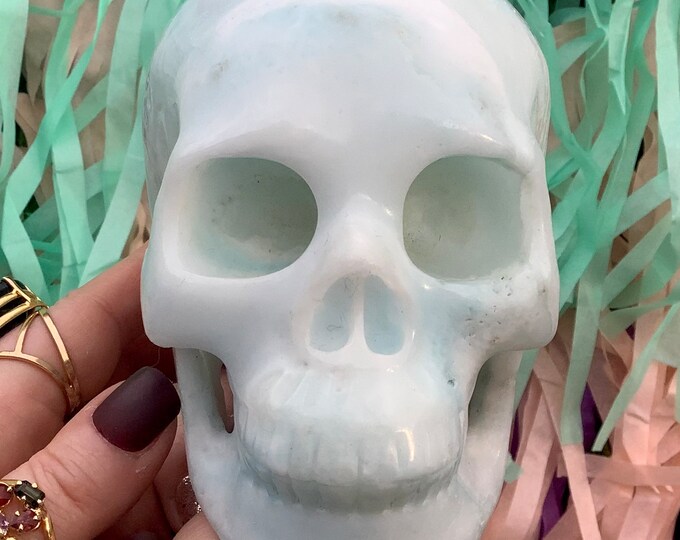 Caribbean Blue Calcite Crystal Skull ~ Large 2 Lb. 14 oz. ~ 5" Long ~ Angelic Blue & White Colors ~ Reiki Display