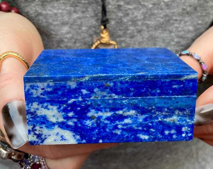 Lapis Lazuli Jewelry Box with Lid~ 2 1/2" Long ~ Handmade from Afghanistan ~ Vintage Display Specimen ~ Swirling Blue Color with Gold Pyrite