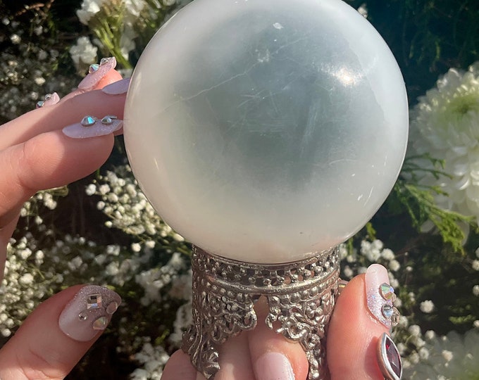 Selenite Crystal Ball with Metal Stand: Iridescent Altar Display