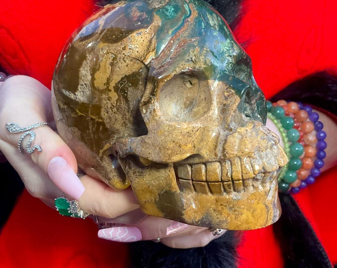 Green & Gold Ocean Jasper Crystal Skull ~ Large 2 Lb. 15 oz. ~ 5" Long ~ Expertly Hand-Carved Sculpture ~ Fast and Free Shipping from USA ~