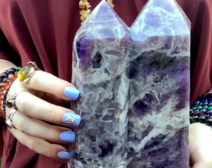 Amethyst Twin Flame Crystal Generator: 7 lb, 9" Double Point Tower