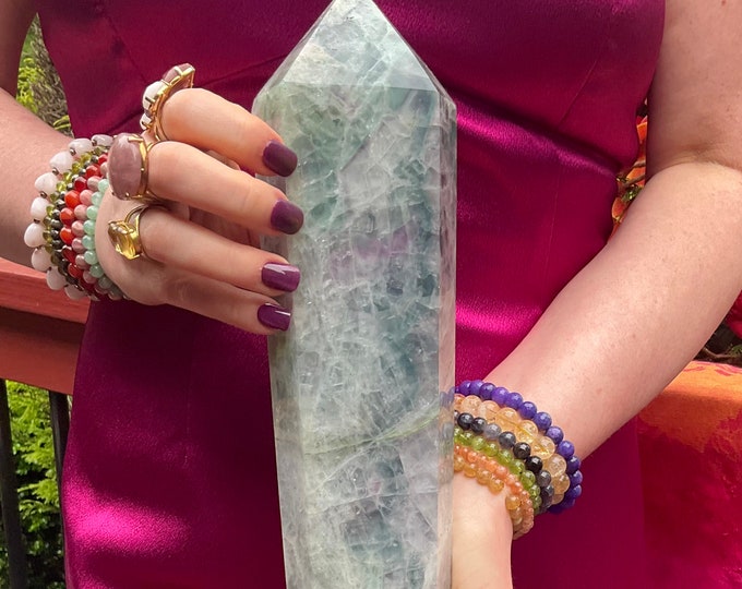Rainbow Fluorite Double Terminated Crystal Wand ~ Large 7 Lb 7 oz. ~ 16" Long ~ Pastel Green, Purple & White Colors ~ Fast Shipping, U.S.A.