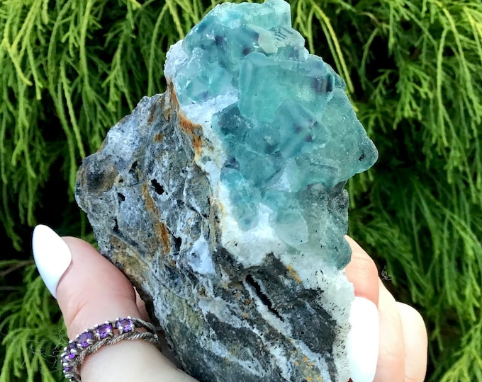 Blue & Purple Fluorite Crystal Cluster ~ Big 8.7 oz. ~ 3 1/2“Long ~ Sparkling White Matrix ~ Natural Cubic Formation ~ Fast Free Shipping