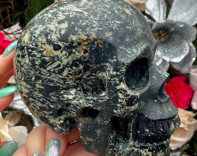 Black & Green Tourmaline Crystal Skull ~ Large 3 Lb. 6 oz. ~ 5" Long ~ Swirling Thick Colorful Inclusions ~ Hand Carved ~ Fast Free Shipping