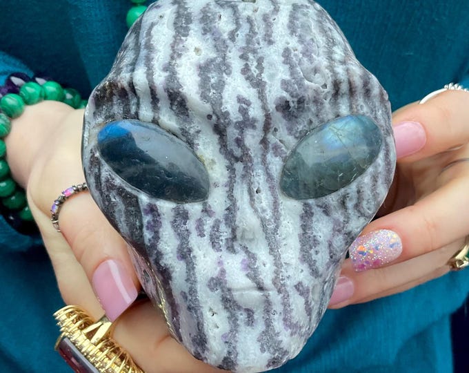 Hand-Carved Amethyst Alien Skull: Blue Labradorite Eyes, 3 Lb, 4"