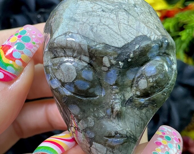 Que Sera Opal Crystal Mini Alien Skull ~ Large 5 oz ~ 2" Long ~ One-of-a-Kind Blue Gray Color ~ Hand Carved Sculpture