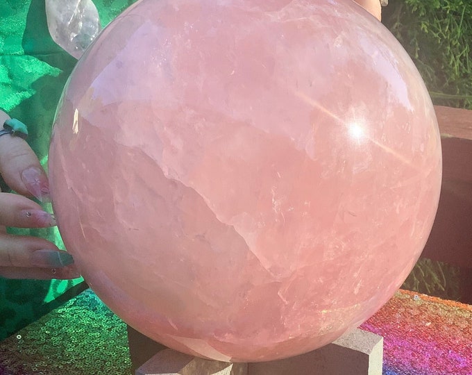 Rose Quartz Crystal Ball ~ Large 23 lb. ~ 7 1/2" Wide ~ Beautifully Polished Pink Sphere with Custom Wooden Display Stand ~ Fast Shipping!