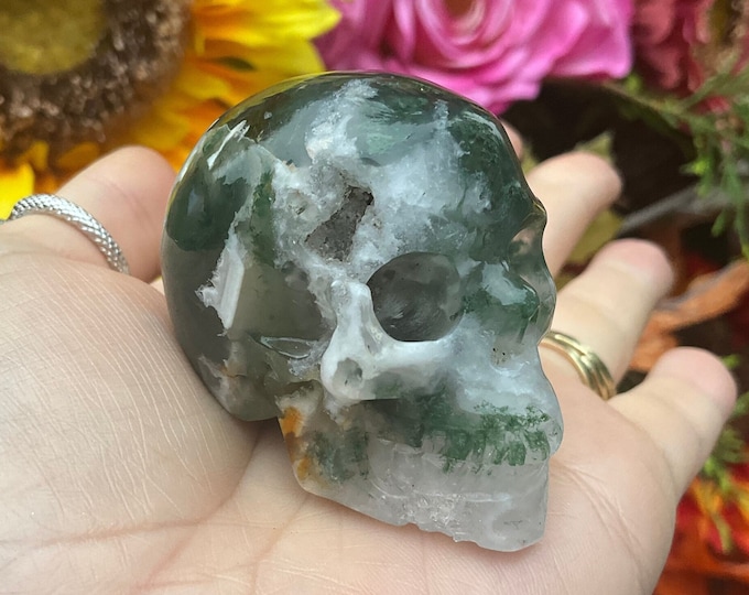 Moss Agate Crystal Mini Skull ~ 3 oz. ~ 2" Long ~ Swirling Green & White Colors ~ Expertly Hand-Carved Display Sculpture ~ Fast Shipping USA