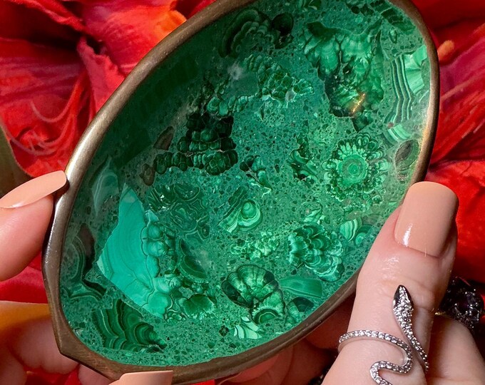 Vintage Hand Carved Malachite 5" Jewelry Dish: Polished Stone with Brass Trim