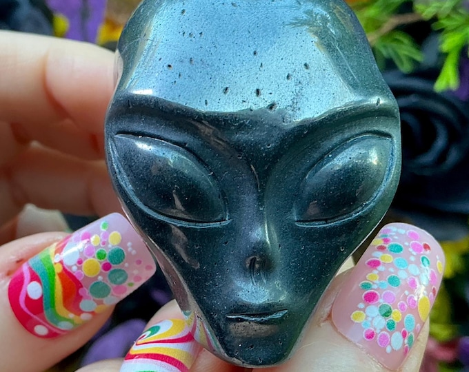 Hematite Alien Skull Crystal 9 oz. Mini Skull ~ 2" Long ~ Black Metallic Luster Gemstone ~ Hand-Carved Sculpture