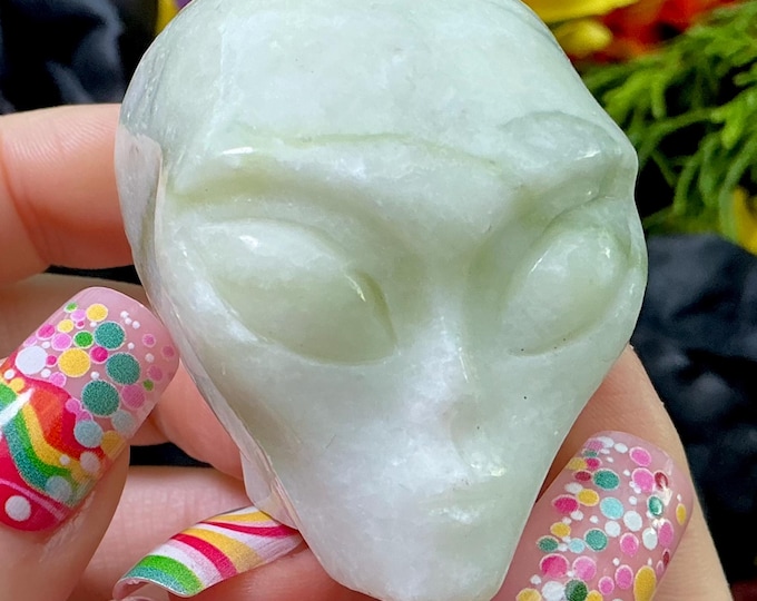 Moss Agate Crystal Mini Skull ~ 5 oz. ~ 2" Long ~ Swirling Green & White Colors ~ Expertly Hand-Carved Display Sculpture