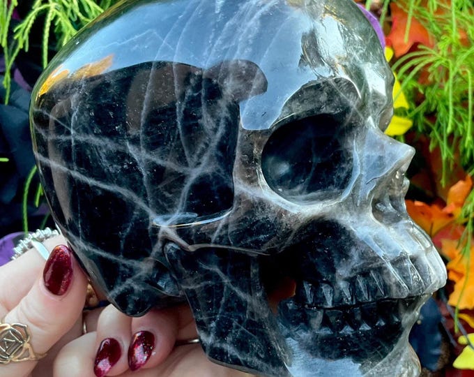 Black Quartz Crystal Skull ~ Large 4 Lb. 10 oz. ~ 6" Long ~ High Quality ~ Hand Carved Life Size Sculpture ~ Sparkling Black w/ White Lines