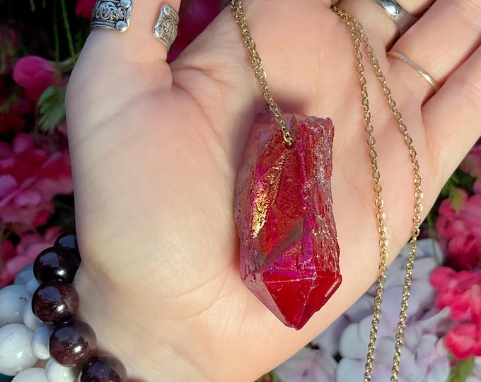 Red Aura Quartz Crystal Pendant Necklace ~ 2" Long ~ One-of-a-Kind Natural Sparkling Elestial Quartz ~ Fast & Free Shipping, USA + Gift Wrap