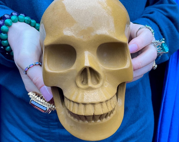 Yellow Jasper Crystal Skull ~ Large 6 Lb. 11 oz. ~ 7" Long ~ High Quality Expertly Hand-Crafted Life-Size Sculpture Vivid Colors ~