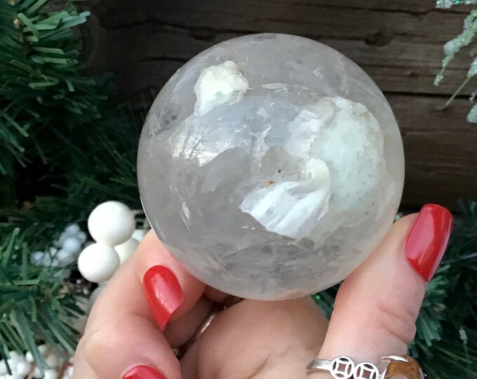 Clear Quartz Crystal Ball ~ 9.8 oz. ~ 2" Wide Translucent Sphere ~ White Sand Inclusions ~ Reiki, Altar, Feng Shui Display ~ Fast Shipping