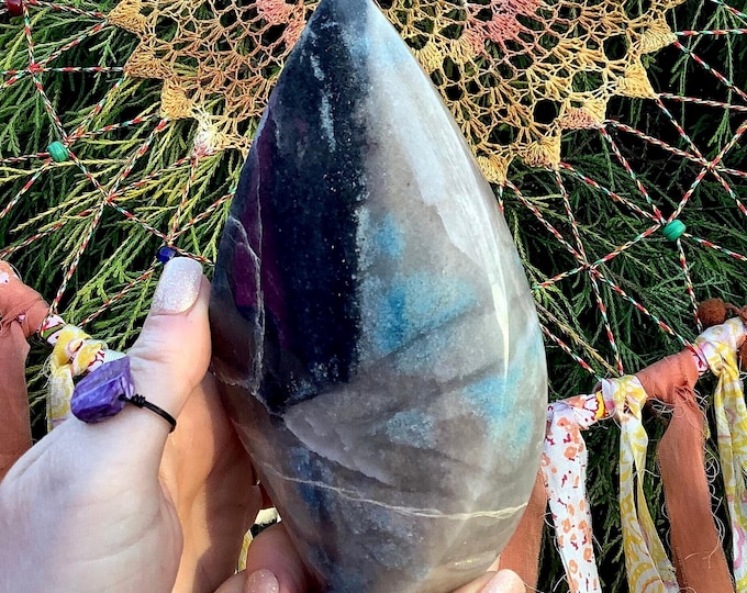 Trolleite Crystal Flame ~ 6" Tall ~ 1 Lb. 9 oz. ~ Scorzalite, Lazulite, Quartz ~ Swirling Blue, Black & Sand Colors ~ Free Shipping from USA