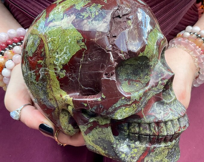 Dragon Bloodstone Crystal Skull ~ Life Size 8 Lb. 9 oz.~ 6" Long ~ Red and Green Colors ~ Beautiful Hand-Carved Sculpture, Ships From U.S.A