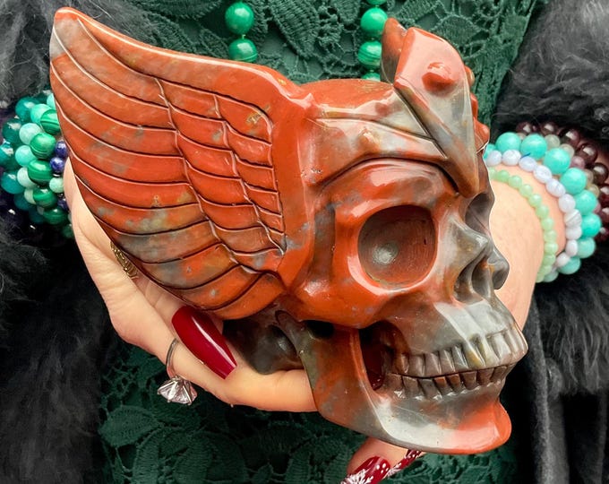 Bloodstone Winged Apollo Crystal Skull ~ Large 3 Lb. 10 oz. ~ 5" Long ~ Fiery Red and Green ~ One-of-a-Kind ~ Expertly Hand Carved Sculpture
