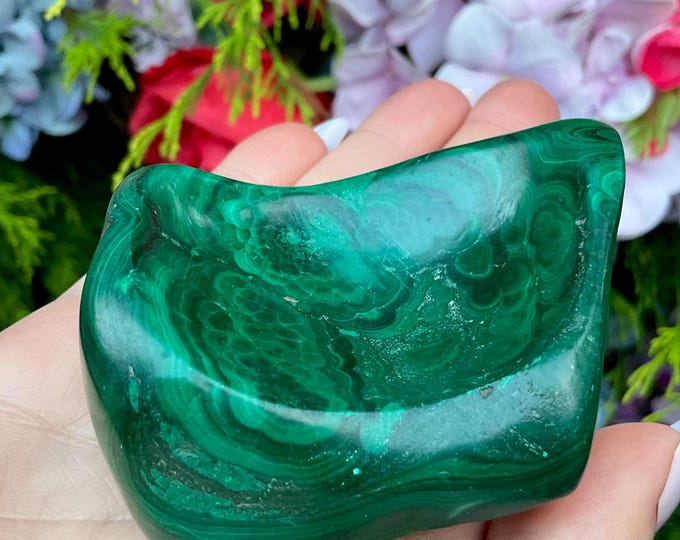 Malachite Crystal Bowl ~ 6 oz. ~ 3" Long ~ Vintage Green Mineral Specimen ~ Swirling Bulls Eye Patterns, from Congo, Africa ~ Fast Shipping