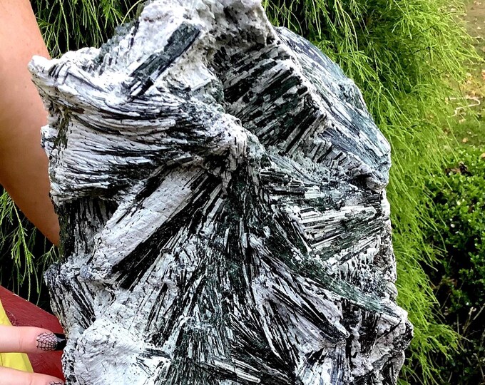 Huge 43 lb. Green Actinolite Crystal Cluster ~ 15" Tall ~ Super Sparkling Dark Green Crystals on Glistening White Feldspar Matrix ~ Stunning
