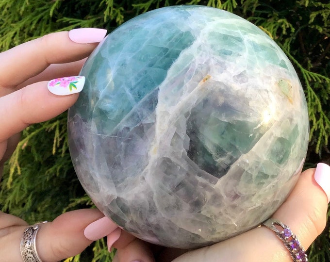 Rainbow Fluorite Crystal Ball ~ Large 3 lb. 10 oz. ~ 4" Wide ~ Pastel Purple, Green and White Colors ~ Relaxing Home Decor, Sanctuary Space