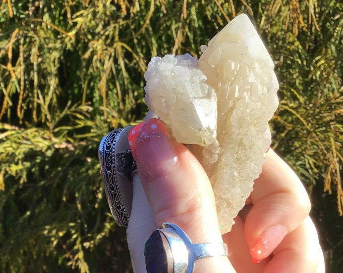 Elestial Frosted Quartz Crystal ~ 2.2 oz. ~ 3" Long ~ Spectacular Point Cluster ~ Shimmering Opaque Beige ~ Natural Sparkling Specimen