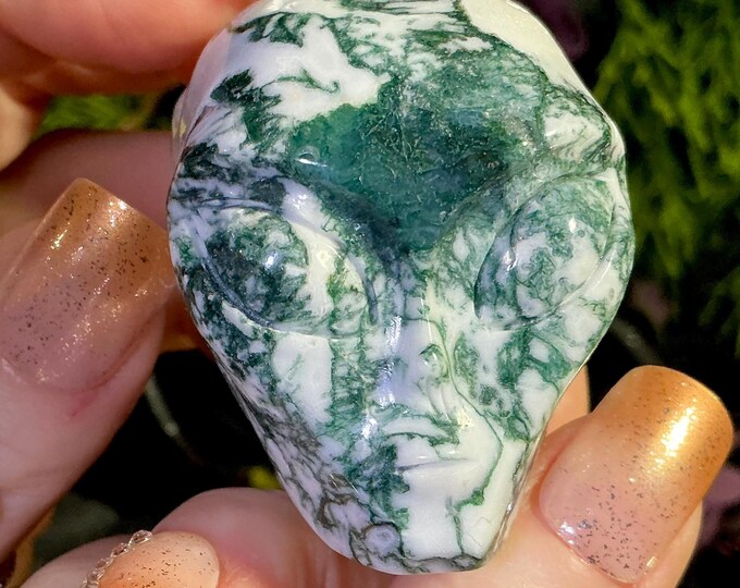 Moss Agate Crystal Mini Skull ~ 5 oz. ~ 2" Long ~ Swirling Green & White Colors ~ Expertly Hand-Carved Display Sculpture