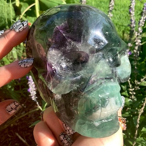 Rainbow Fluorite Crystal Skull ~ Large 3 Lb. 3 oz. ~ 4&quot; Long ~ Hand Carved ~ Translucent Blue, Green Clear Crystal Sculpture ~ Free Standing