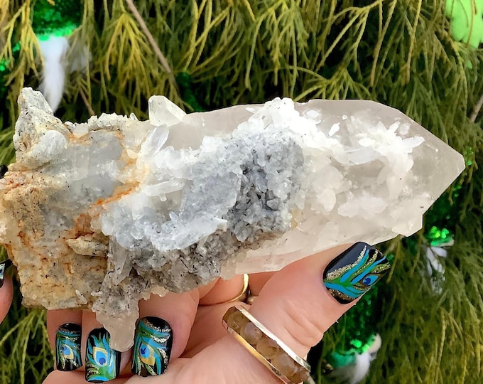 Himalayan Quartz Cluster ~ 12 oz. ~ 4 1/2" Long ~ Actinolite Encrusted Inclusions ~ Reiki Healing Altar Display ~ Metaphysical Home Decor