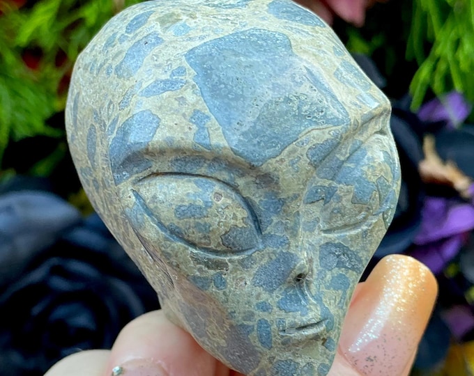 Blue Opal Alien Crystal Mini Skull ~ 5 oz. ~ 2" Long ~ Sparkling Blue & Gray Gemstone ~ Hand-Carved Sculpture ~ Fast Free Shipping