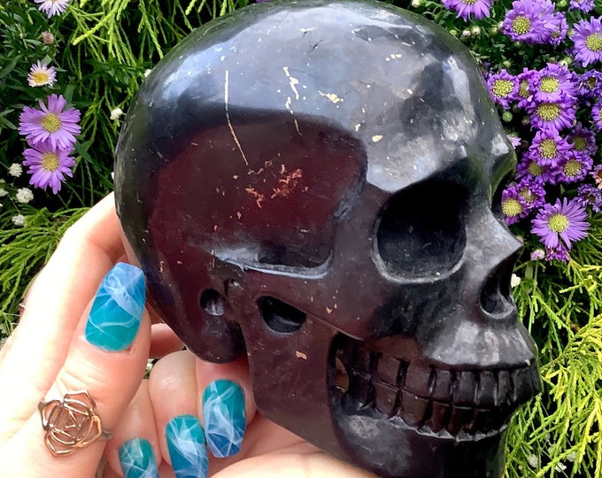 Shungite Crystal Skull ~ Large 2 Lb. 8 oz. ~ 5" Long ~ One of-a Kind Expertly Hand Carved Sculpture ~ Lustrous Black Steel & Gray Colors