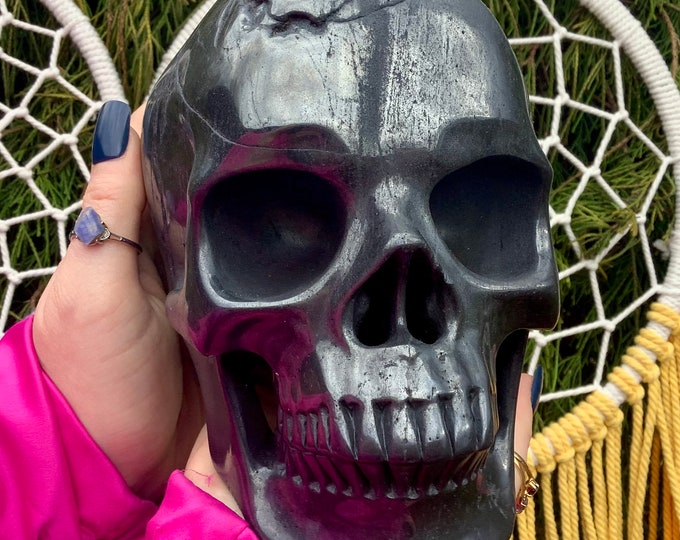 Hematite Crystal Skull ~ Large 13 Lb. 5 oz. ~ 6" Long ~ One of-a Kind Expertly Hand Carved Sculpture ~ Black Steel, Silver, Gray & Colors