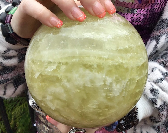 Large Banded Citrine Quartz Sphere: Golden Inclusions, 5.5" Wide