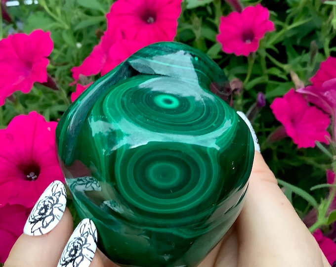 Malachite Freeform Crystal ~ Large 15.9 oz. ~ 3" Long - Big Beautiful Polished Green Mineral Specimen Display ~ Swirling Bullseye Patterns