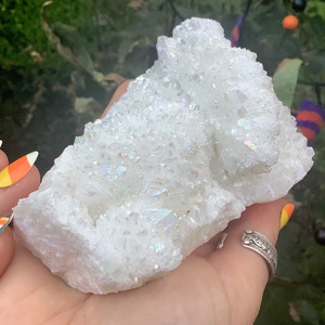 White Angel Aura Quartz Crystal Cluster ~ Large 1 Lb. ~ 4 1/2&quot; Long ~ Electric Pearlescent Rainbow Iridescent Sparkling Points ~