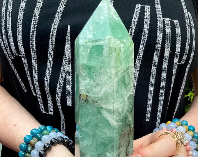 Green Fluorite Crystal Generator ~ Large 3 lb. 12 oz. ~ 10" Tall Tower ~ White Angel Feathers ~ Skeletal Fairy Caves ~ Fast Free Shipping