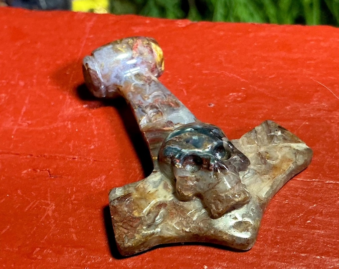 Hand Carved Ocean Agate Skull Pendant: Gemstone Crystal Sculpture