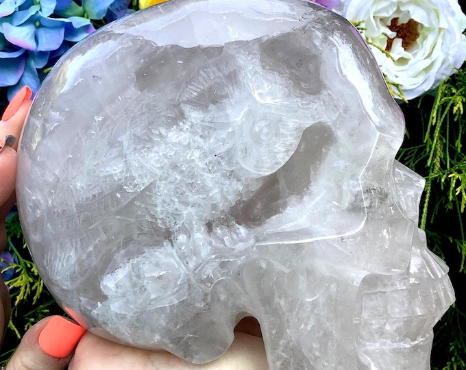 Clear Quartz Crystal Skull with Owl Carving ~ Large 6 Lb. 15 oz. ~ 6" Long ~ Hand Carved Life Sized ~ Fast & Free Shipping, USA + Global ~