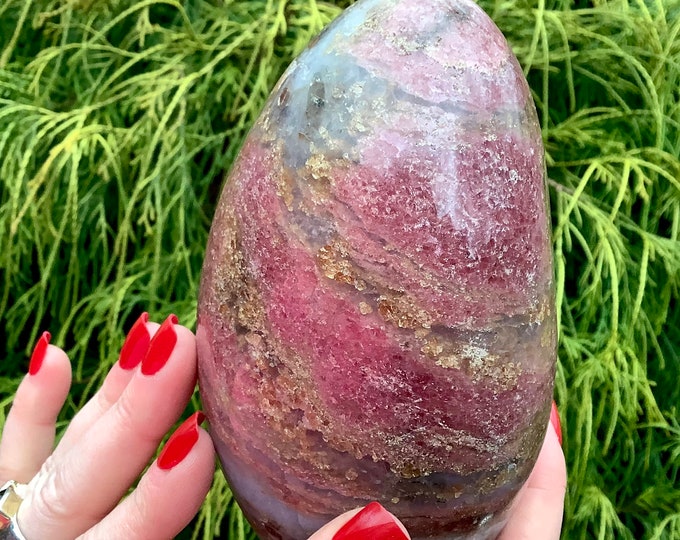 Rhodonite Free Form Crystal ~ 2 Lb. 15 oz. ~ 4 1/2" Tall ~ Flashing Pink and Sand Colors ~ Self Standing Pillar ~ Fast & Free Shipping, USA