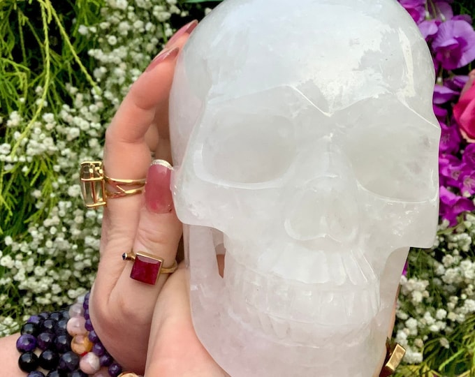Clear Quartz Crystal Skull ~ Large 7 Lb. 4 oz. ~ 7" Long High-Quality Hand Carved Life Size ~ Translucent Sparkling Rainbow Inclusions